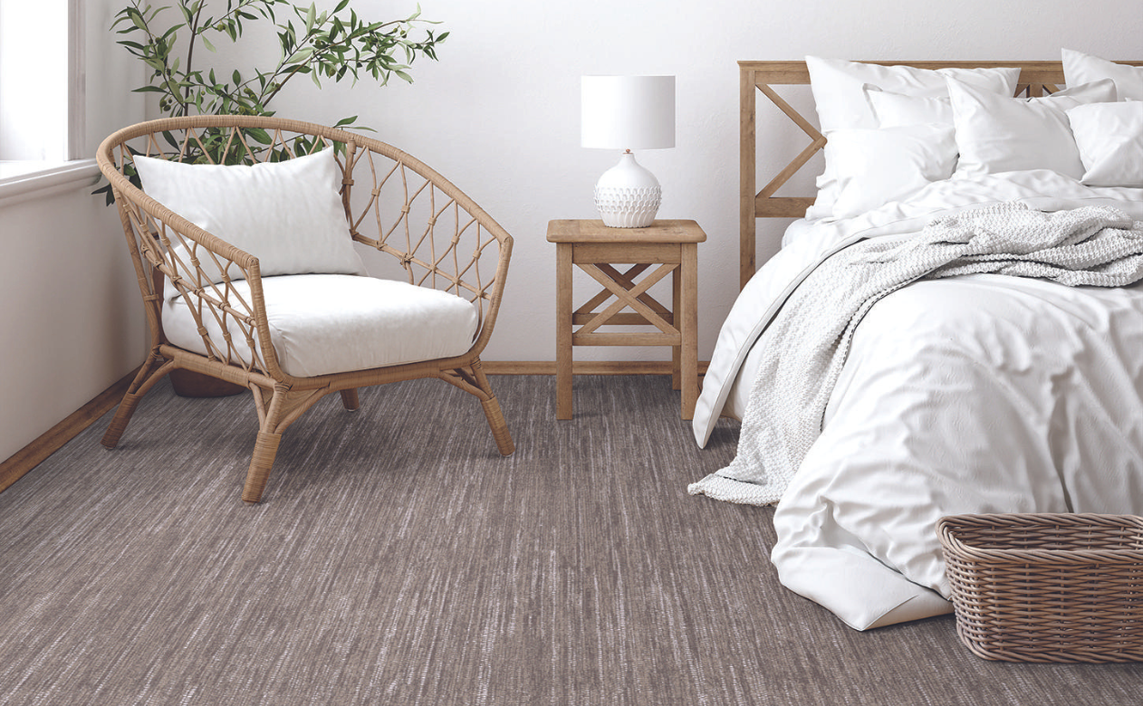 Pattern carpet in modern white bedroom. 